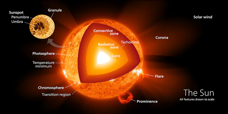 A diagram showing all the different regions and layers of the Sun