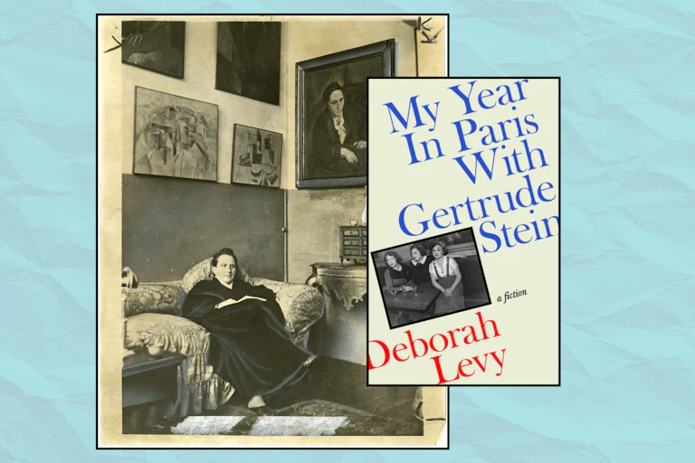 Gertrude Stein in her apartment in Paris and book cover.