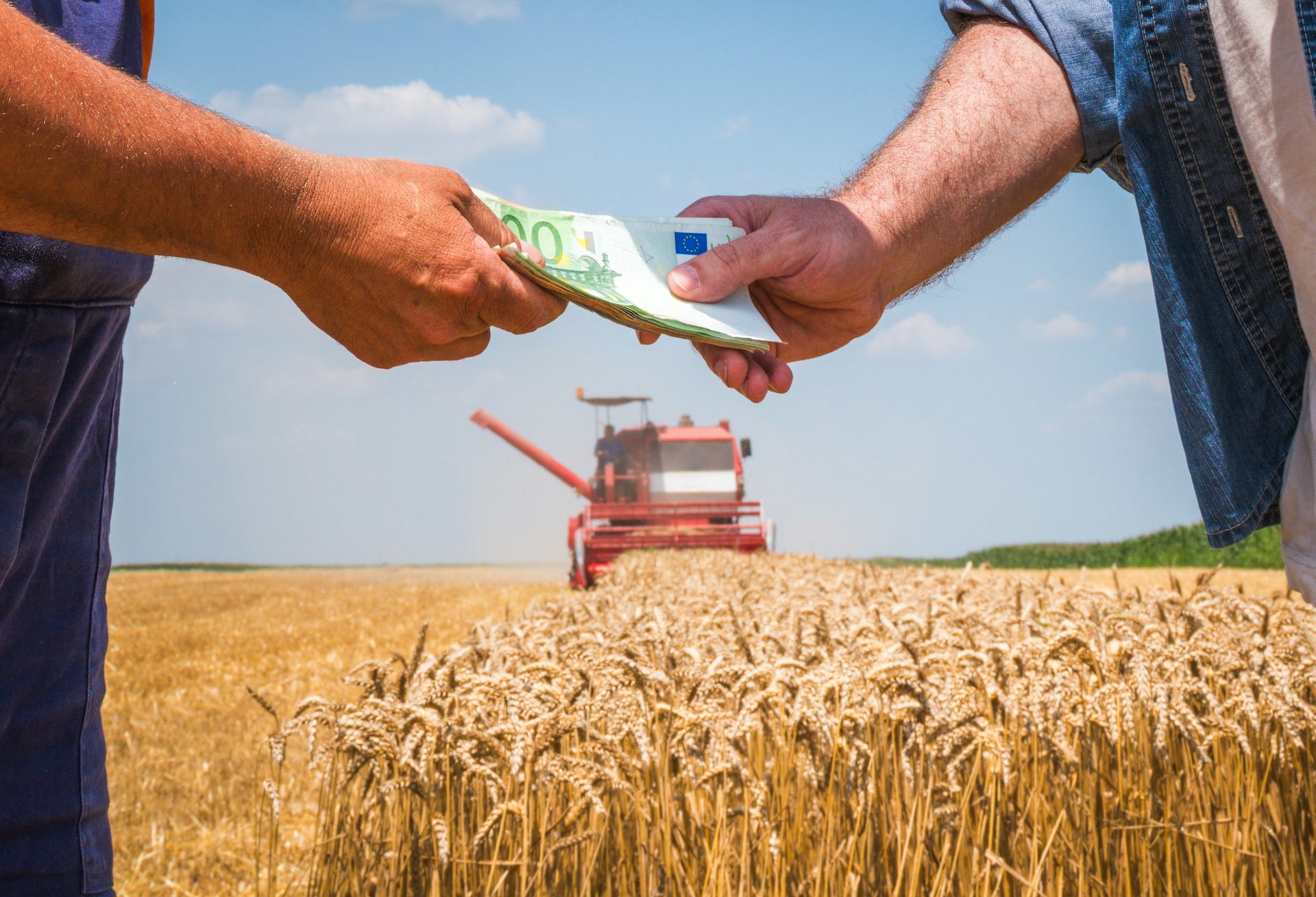 Deux hommes se donnant des billets d'euros devant un champ agricole.