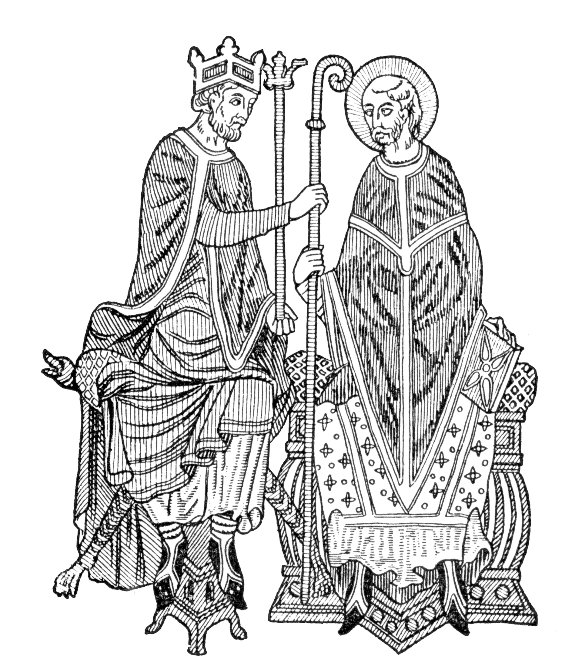 El dibujo lineal en blanco y negro muestra a dos hombres sentados con túnicas. Uno lleva una corona mientras que el otro tiene un halo alrededor de su cabeza.