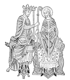 A black and white line drawing shows two seated men in robes. One wears a crown while the other has a halo around his head.