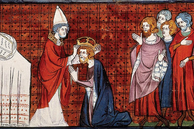 A medieval-looking illustration of a man in a tall hat placing a crown on a kneeling man's head, set against a red backdrop.