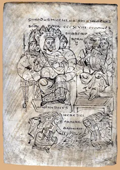 A black and white illustration of monks, knights and a crowned man seated on a throne.