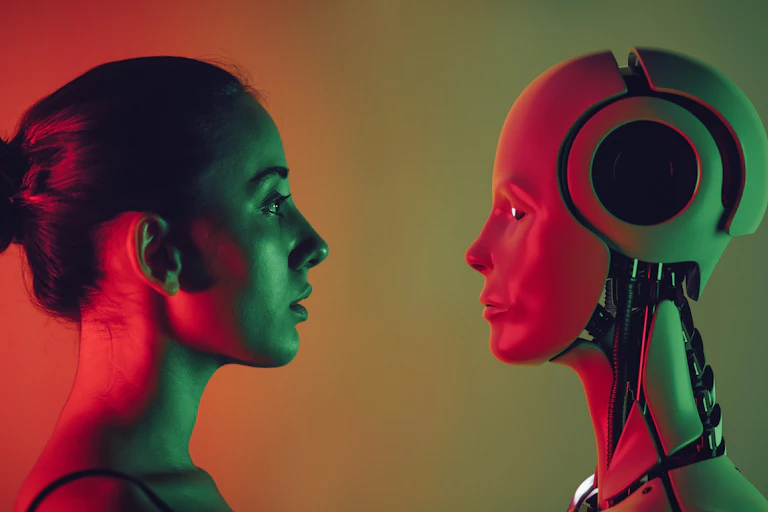 Image showing a face-to-face encounter between a woman and a robot