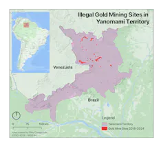 Map shows Yanomami territory marked with several red dots, representing locations with gold mining.