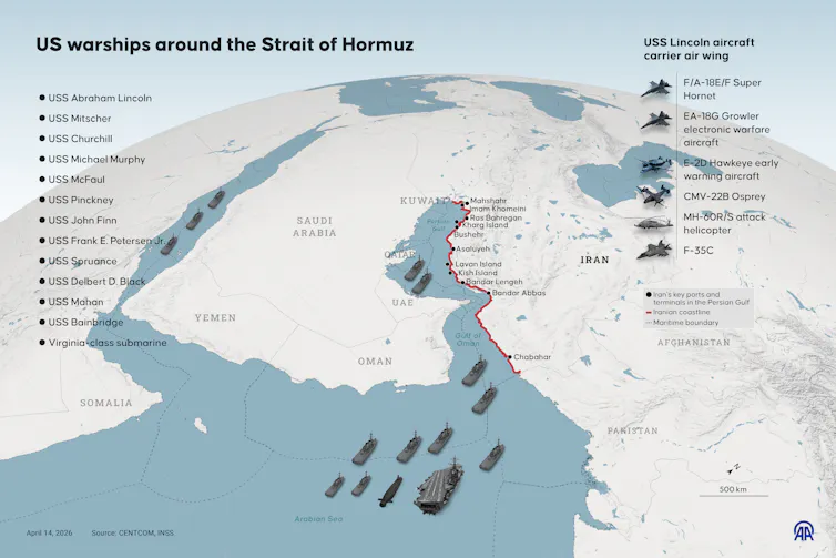 A graphic shows a map with warships.