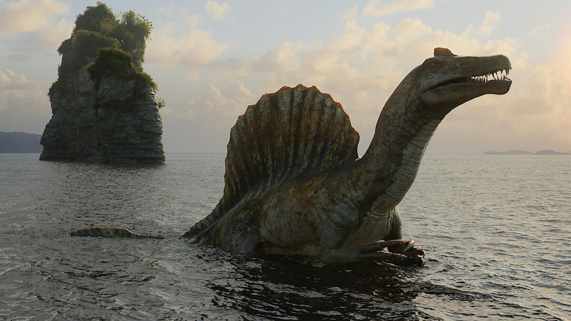 A large dinosaur emerges form the ocean.