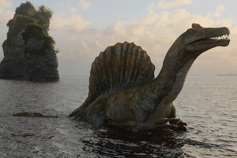 A large dinosaur emerges form the ocean.