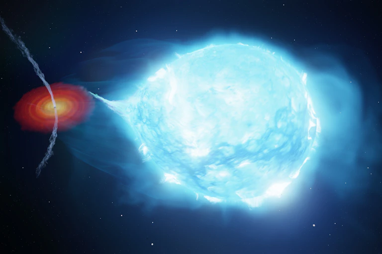 An illustration of a bright blue star beside a spiralling black hole sending out two jets.