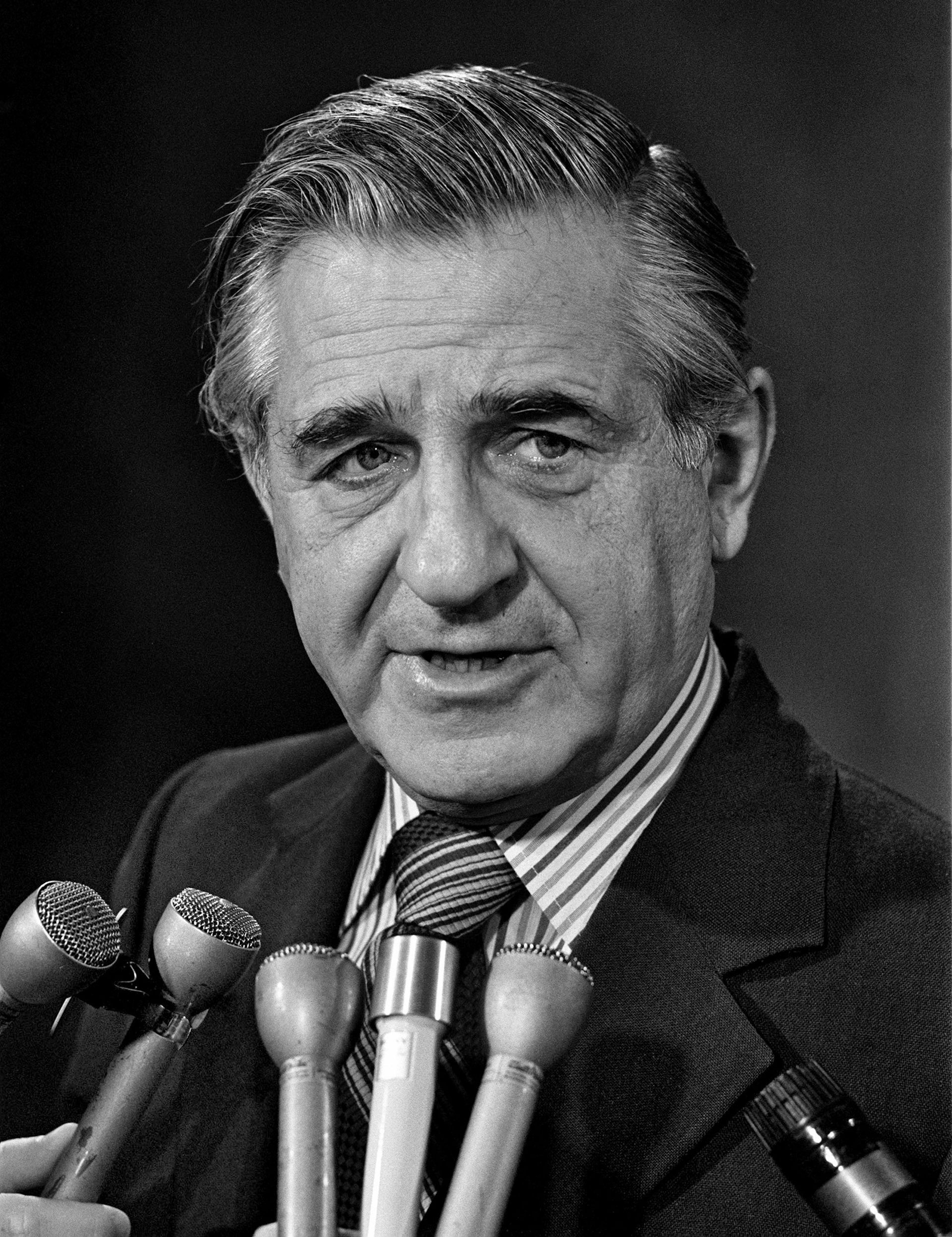 Un hombre con espeso cabello gris habla por una serie de micrófonos.