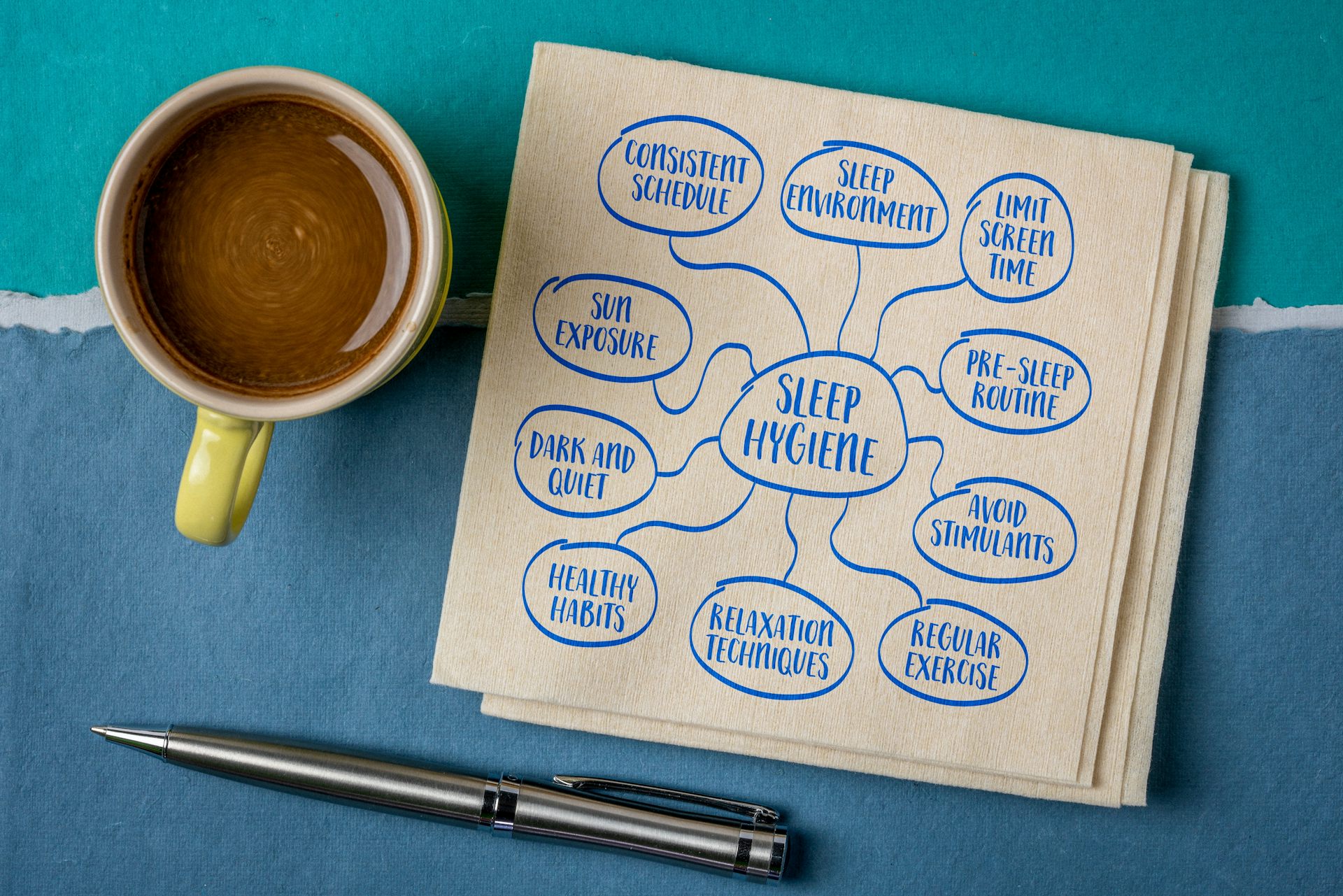 Sleep hygiene mind map written on a napkin next to cup of coffee and pen