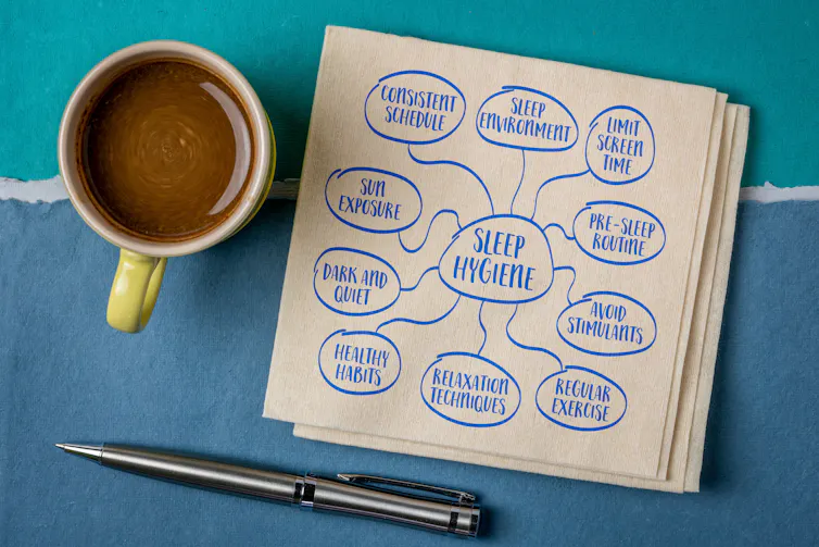 Sleep hygiene mind map written on a napkin next to cup of coffee and pen