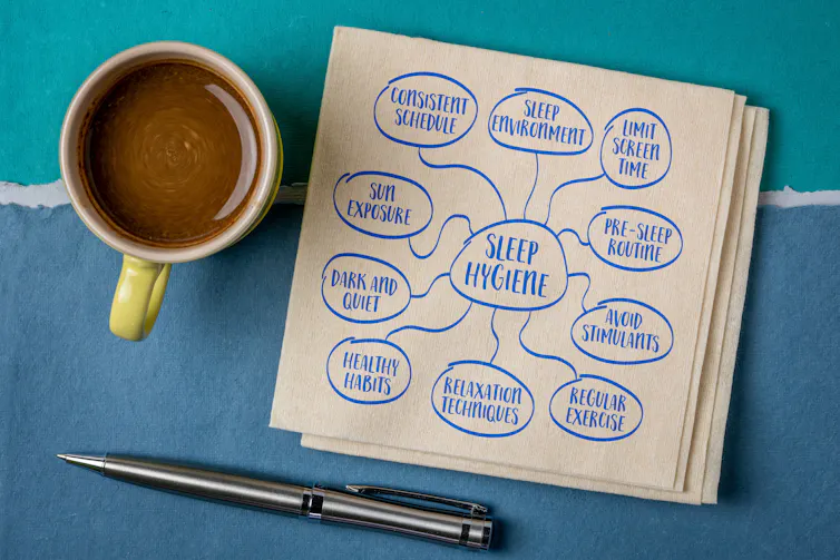 Sleep hygiene mind map written on a napkin next to cup of coffee and pen