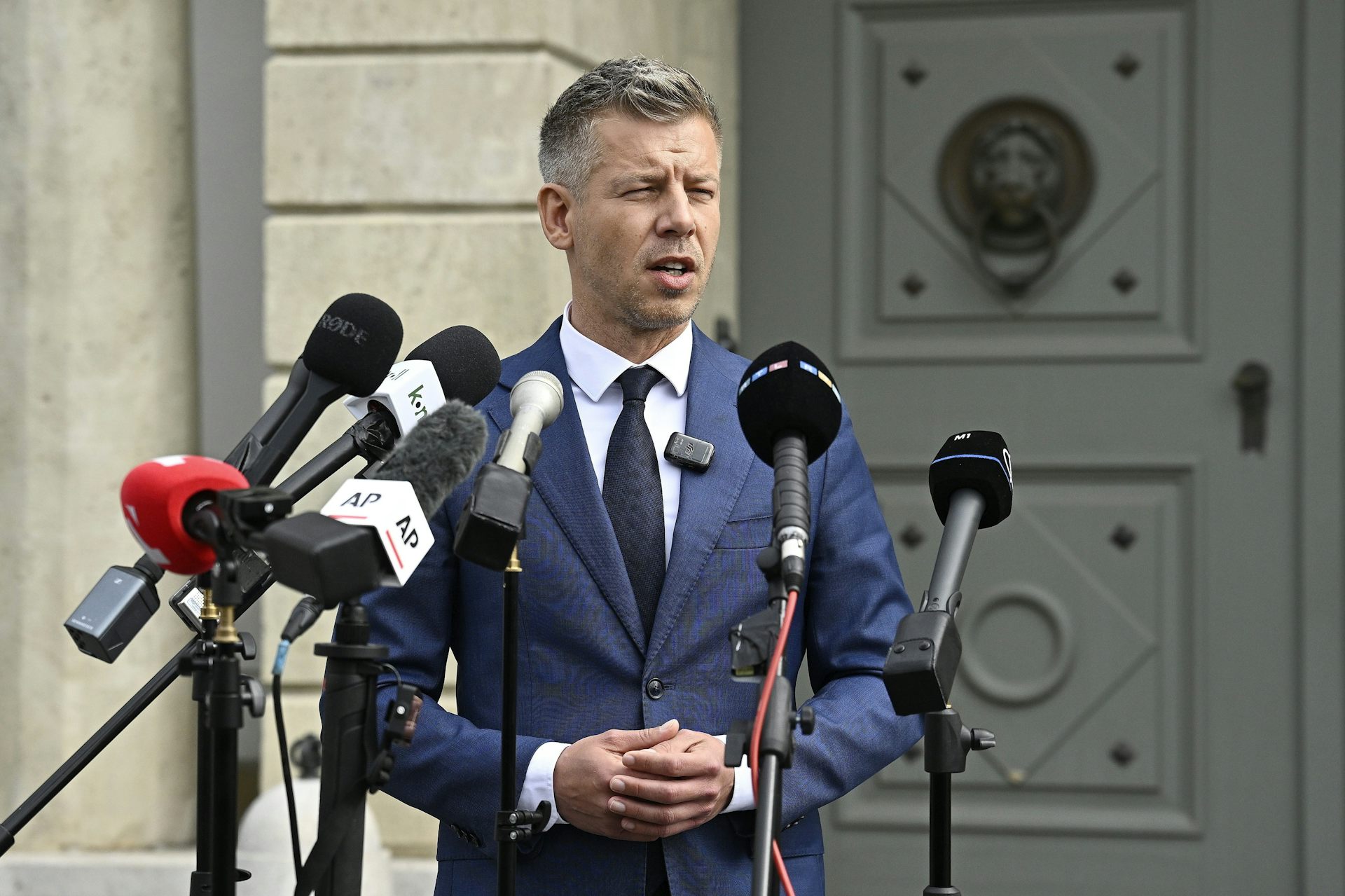 Péter Magyar speaks to the press in Budapest.