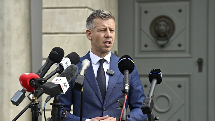 Péter Magyar speaks to the press in Budapest.