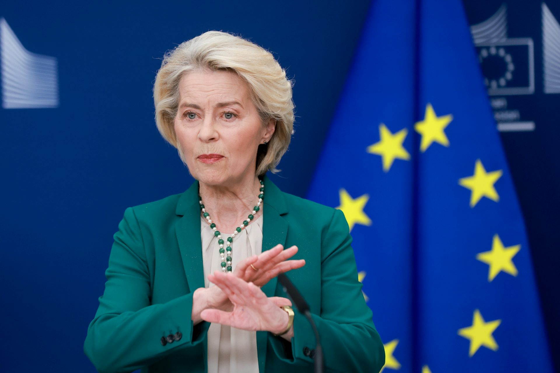 Ursula von der Leyen attends a press conference in Brussels.