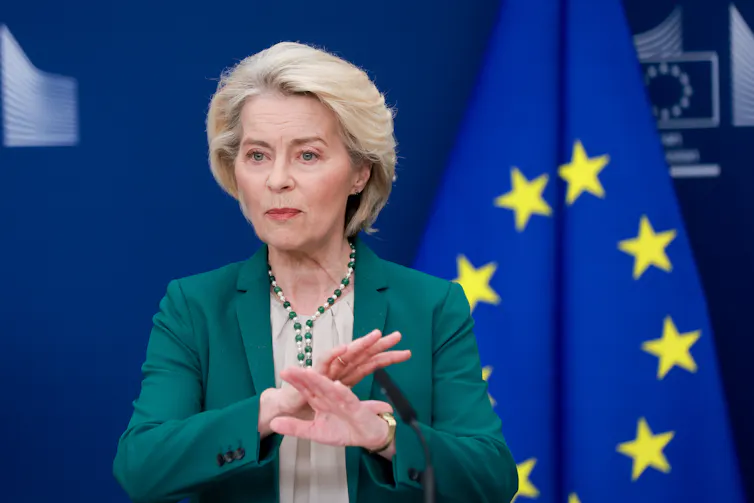 Ursula von der Leyen attends a press conference in Brussels.