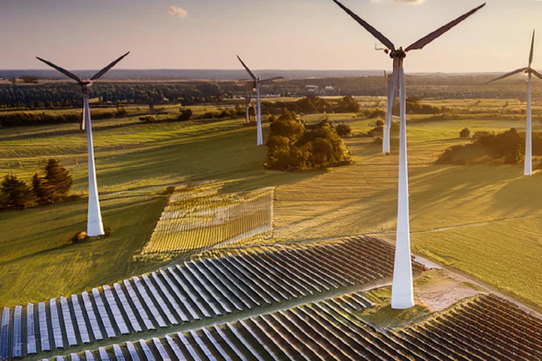 Wind turbines and solar power panels spread across a field