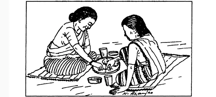 Dibujo de dos mujeres cenando juntas y compartiendo plato.