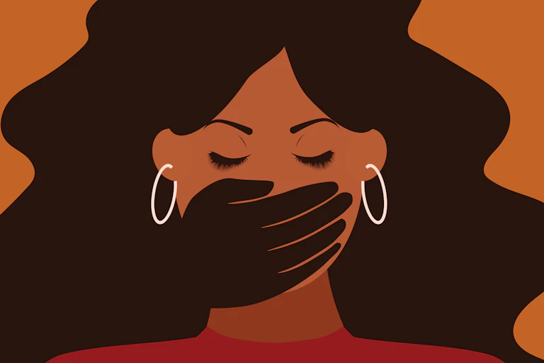 A graphic shows a woman with black hair and hoop earrings with her mouth covered by a hand.