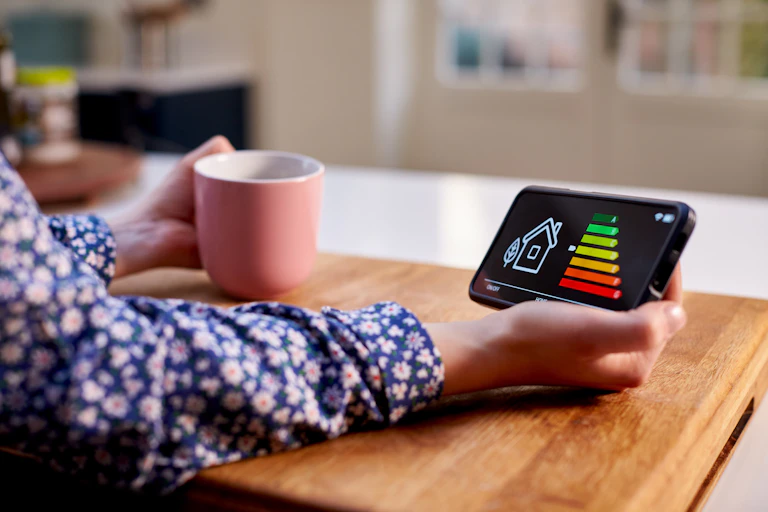 woman sitting at a table holding a smart energy meter in one hand and a mug in the other