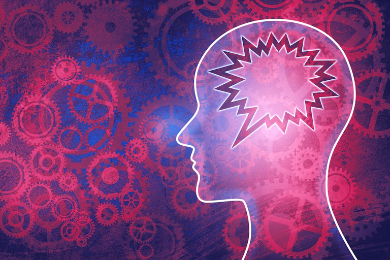 Jagged speech bubble inside illustrated outline of a head