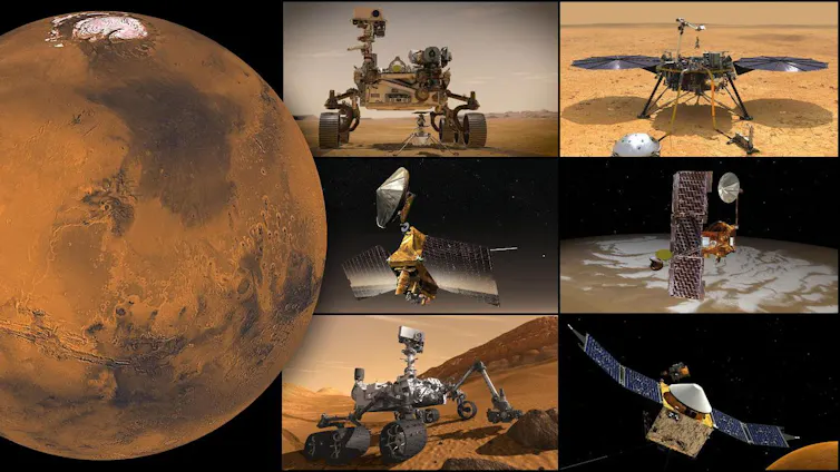 A collage of images with Mars on the left and six of NASA's Mars orbiters and rovers.