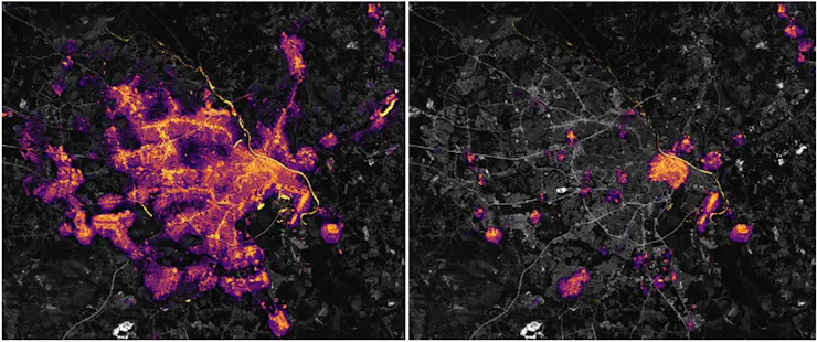 Two satellite images show how much of the Atlanta area lost power in Hurricane Helene.