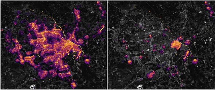 Two satellite images show how much of the Atlanta area lost power in Hurricane Helene.