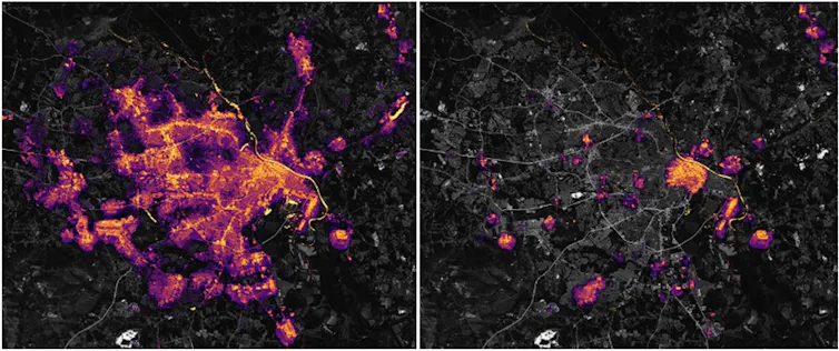 Two satellite images show how much of the Atlanta area lost power in Hurricane Helene.