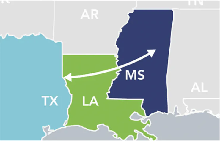 A map shows a line from Mississippi to the Texas border.