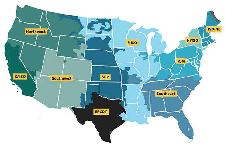 A map shows the regional power system operators and three regions without a formal power market structure.