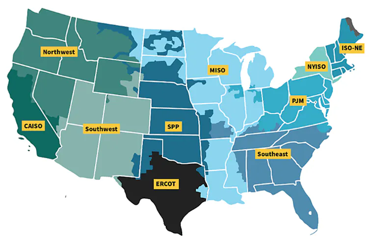 A map shows the regional power system operators and three regions without a formal power market structure.