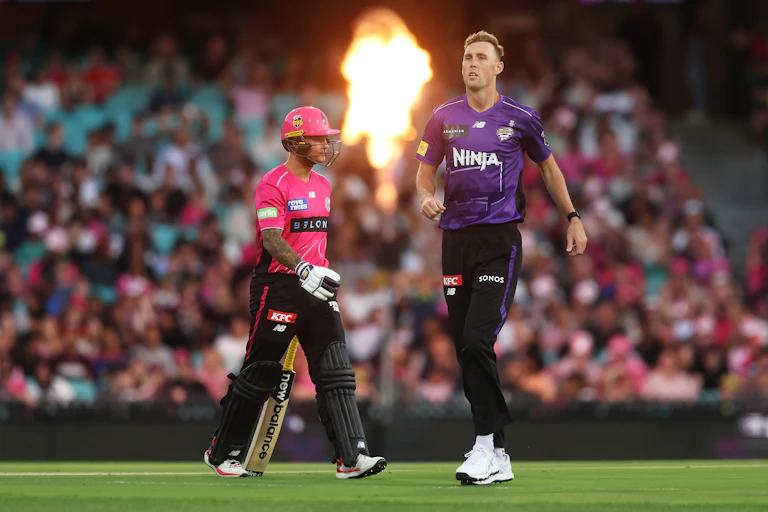 Billy Stanlake of the Hurricanes celebrates a wicket against the Sixers.