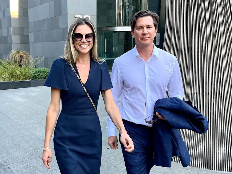 Bianca Rinehart (left) and John Hancock outside court