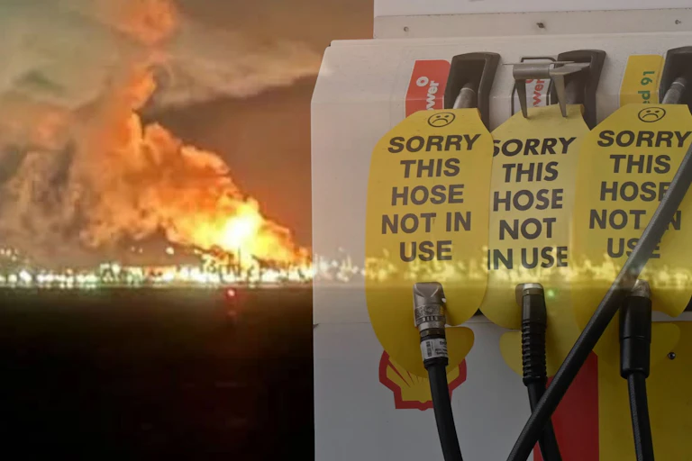 A fire burns at an oil refinery in Geelong overlayed with petrol bowsers out of petrol