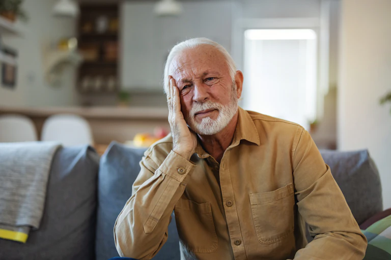 Older man, sitting on a sofa, looking unhappy.