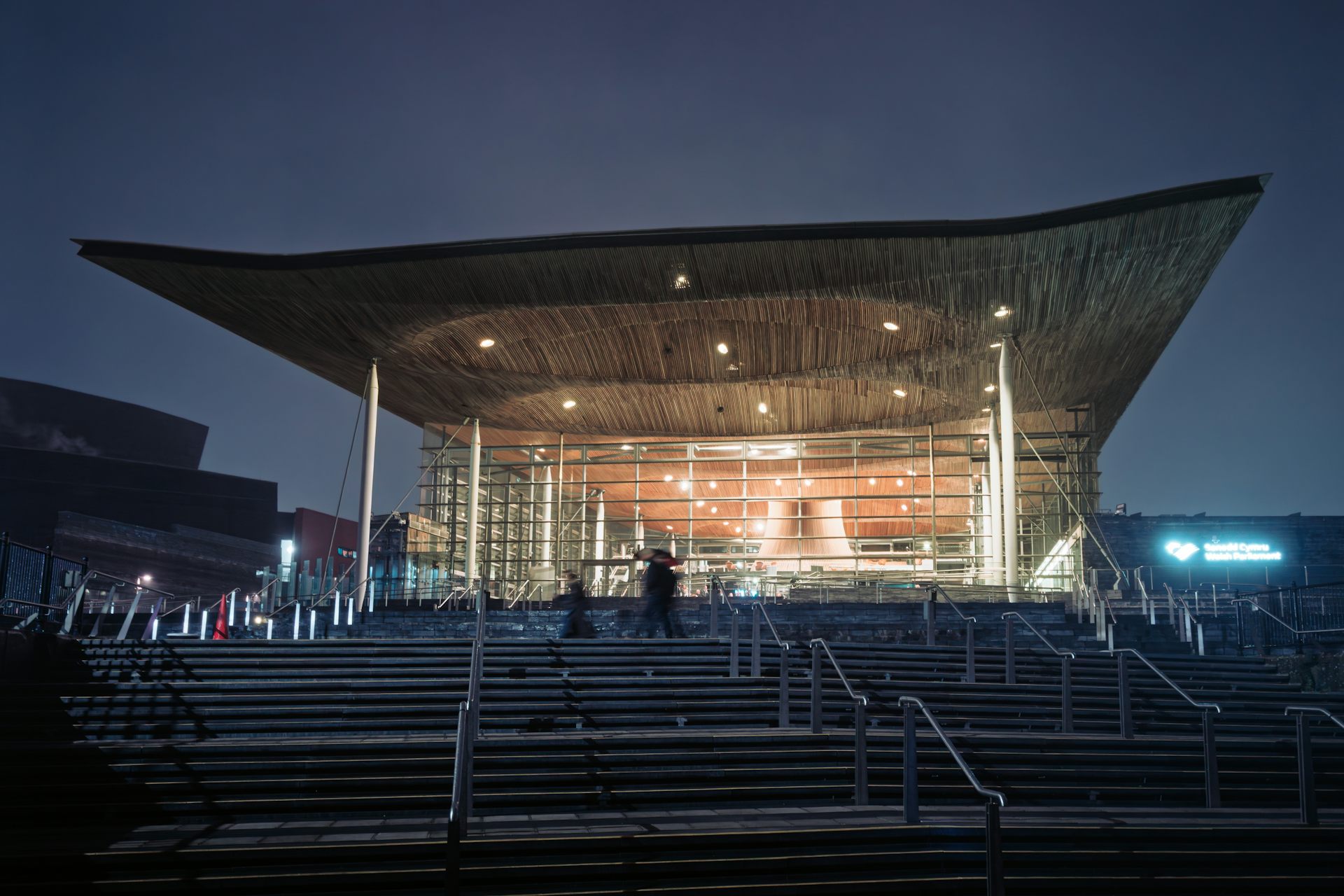 The Senedd building at night