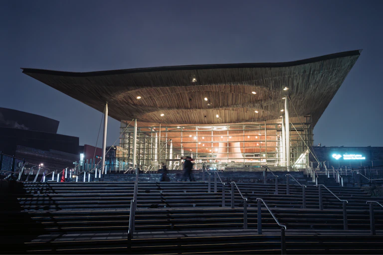 The Senedd building at night