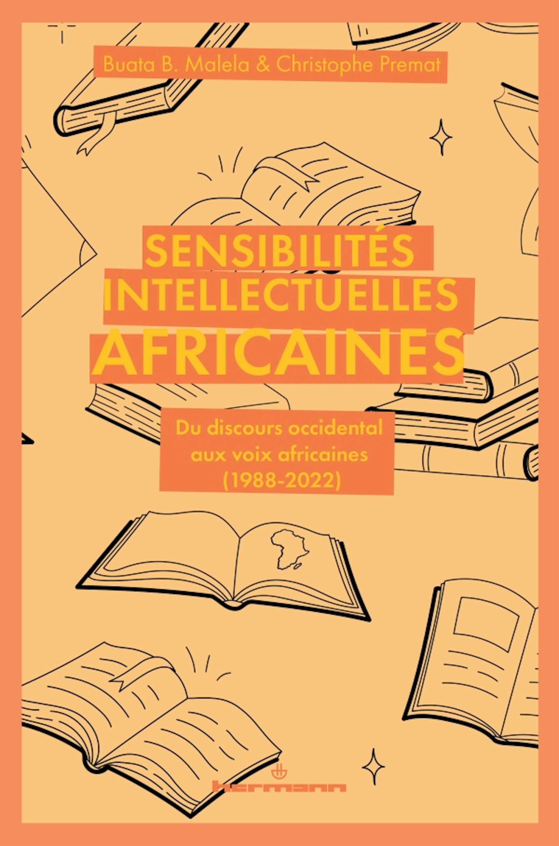A book cover in orange with illustrations of books, one open at a map of Africa.