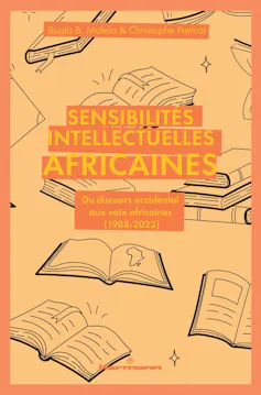 A book cover in orange with illustrations of books, one open at a map of Africa.