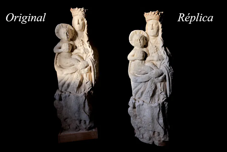 Imagen de una estatua de la Virgen en su versión original y su copia.