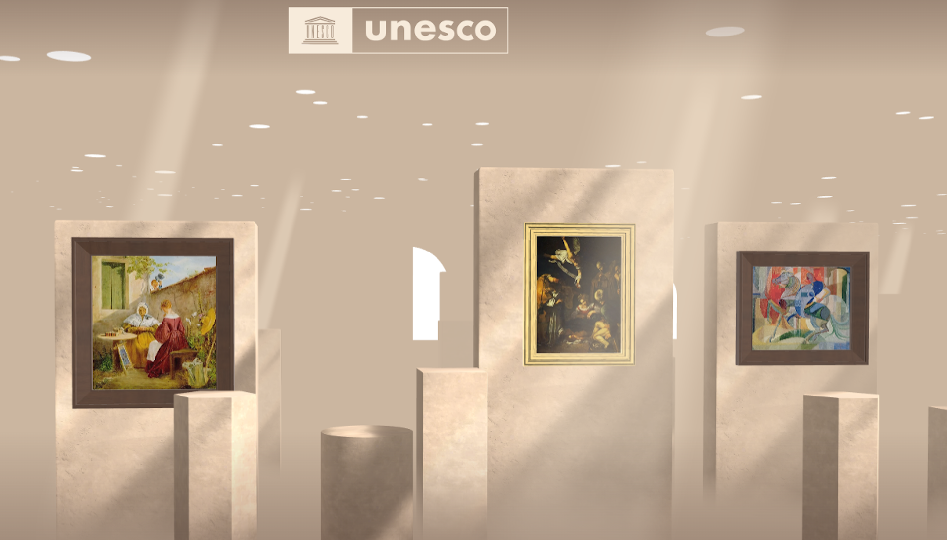 Sala de exposición virtual con tres fotografías, bajo el logo de la UNESCO.