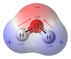 ¿Por qué el agua está mojada? 1 Diagrama de una molécula en forma de V doblada en un ángulo de 104,5 grados, rodeando una nube de gradiente roja alrededor del oxígeno y azul alrededor del hidrógeno.