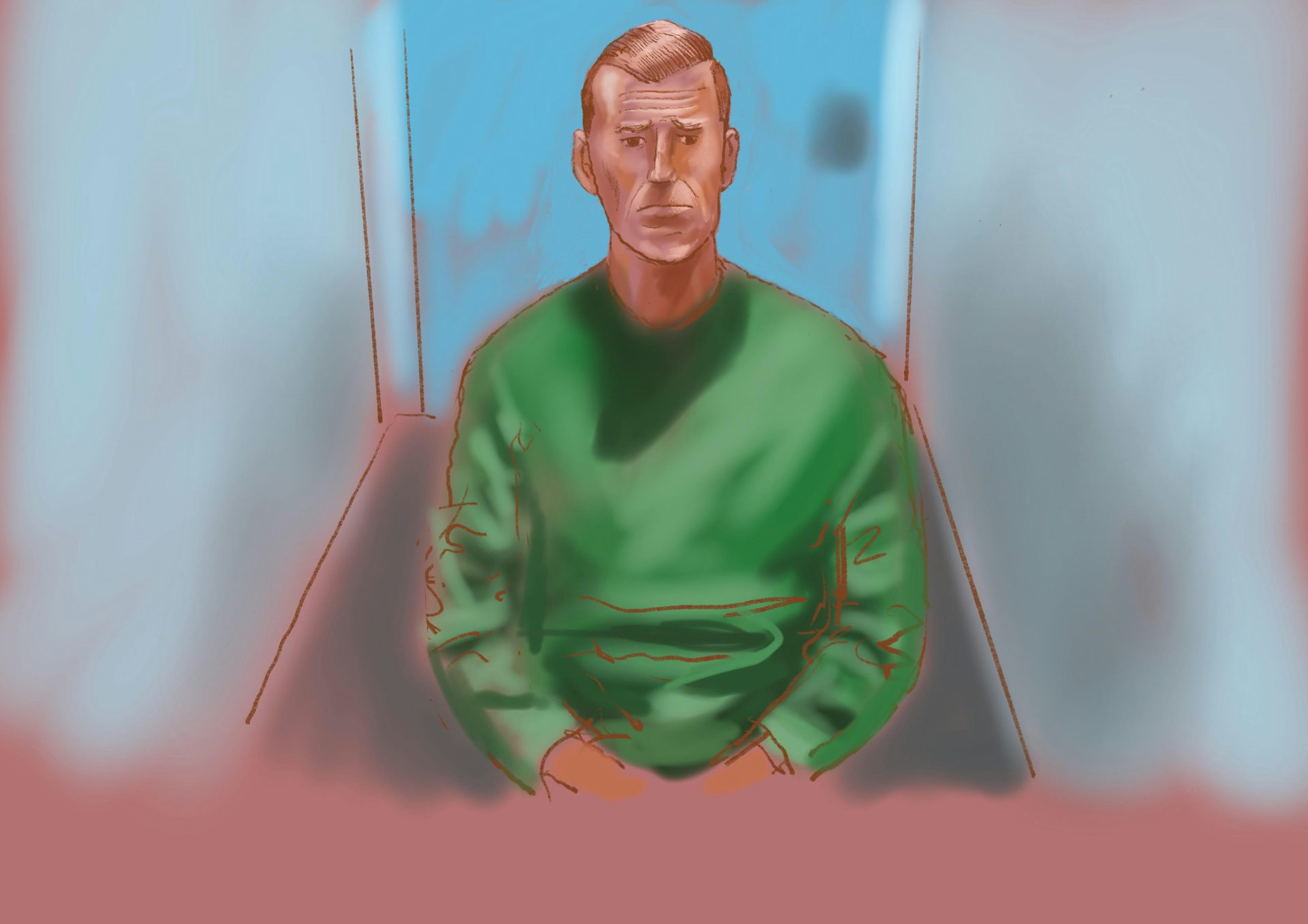 A court sketch depicts Ben Roberts-Smith appearing via video link at the Downing Centre Local Court in Sydney.