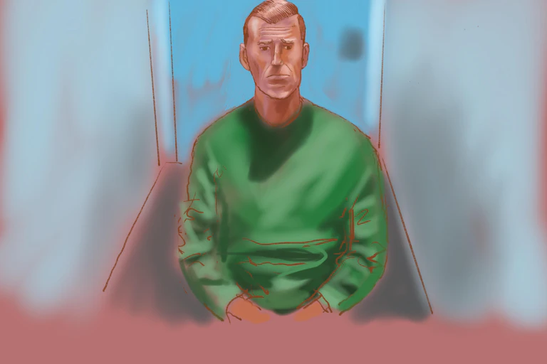 A court sketch depicts Ben Roberts-Smith appearing via video link at the Downing Centre Local Court in Sydney.