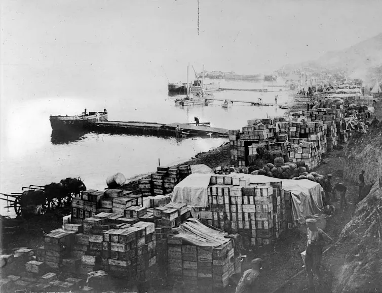 supplies piled up on a dock