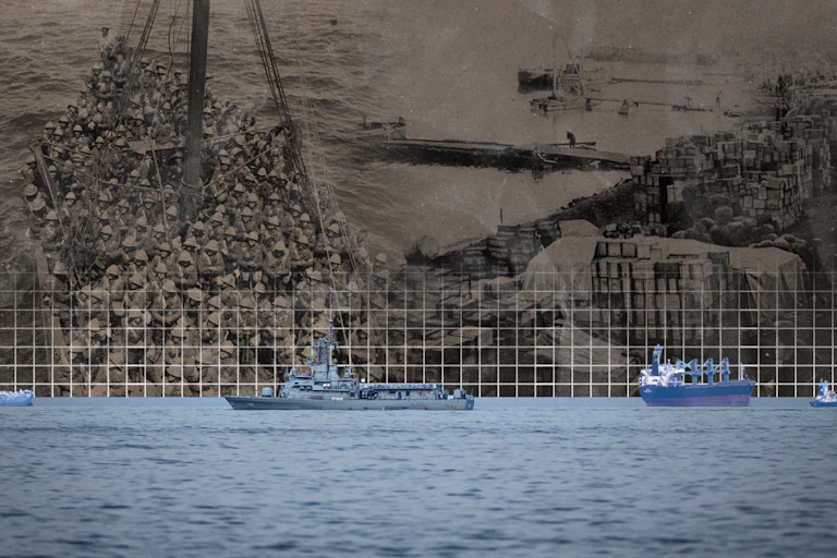 boats in sea now and old photos of a boat on sea in sepia colour, and of Anzac port