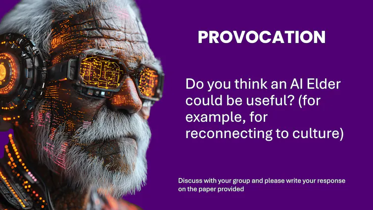 An older Indigenous man wearing hi-tech gear. Text says: do you think an AI Elder could be useful (for example, for reconnecting to culture)?