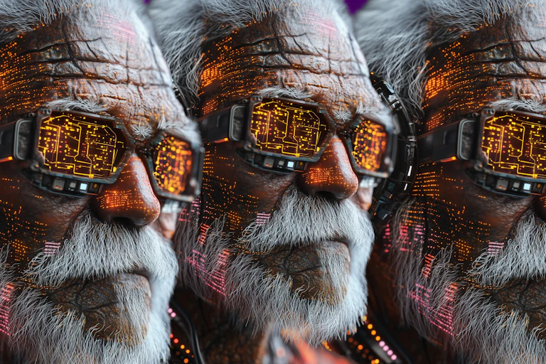 Three versions of an Elder Aboriginal man wearing hi-tech.